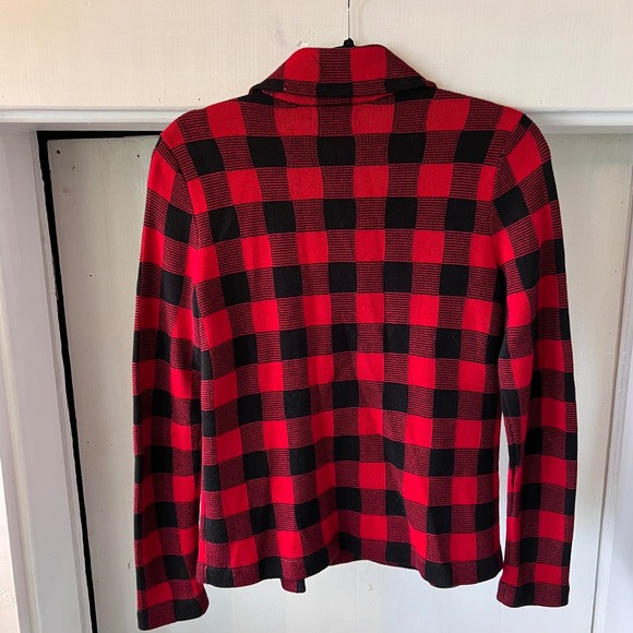 Chaps Red Black Buffalo Plaid Zip Front Collared Sweater Jacket Women's Small - Picture 3 of 6